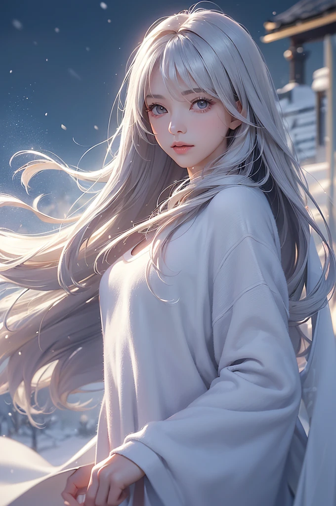 ((masterpiece:1.5、8k、Portraiture、フォトリアリスティックでVery detailedなCG、Very detailed、Particle Effects、Dynamic Effects、Shallow depth of field、Cinematic Light、Lens flare、Ray Tracing、Tabletop、Realistic:1.4、Ultra-high resolution:1.2、Realistic、Realistic))((alone、Woman wearing a cashmere coat:1.4、Elegant woman posing、Detailed face、bright表情、young, bright, Whiter skin、Ample breasts、Best Looks、Ultimate beauty、Shiny silver hair with highlights、bright and shiny hair,、Super long, Silky straight hair、Hair dancing in the wind))(morning、The setting is outdoors in the snow、Surrounded by illuminations)