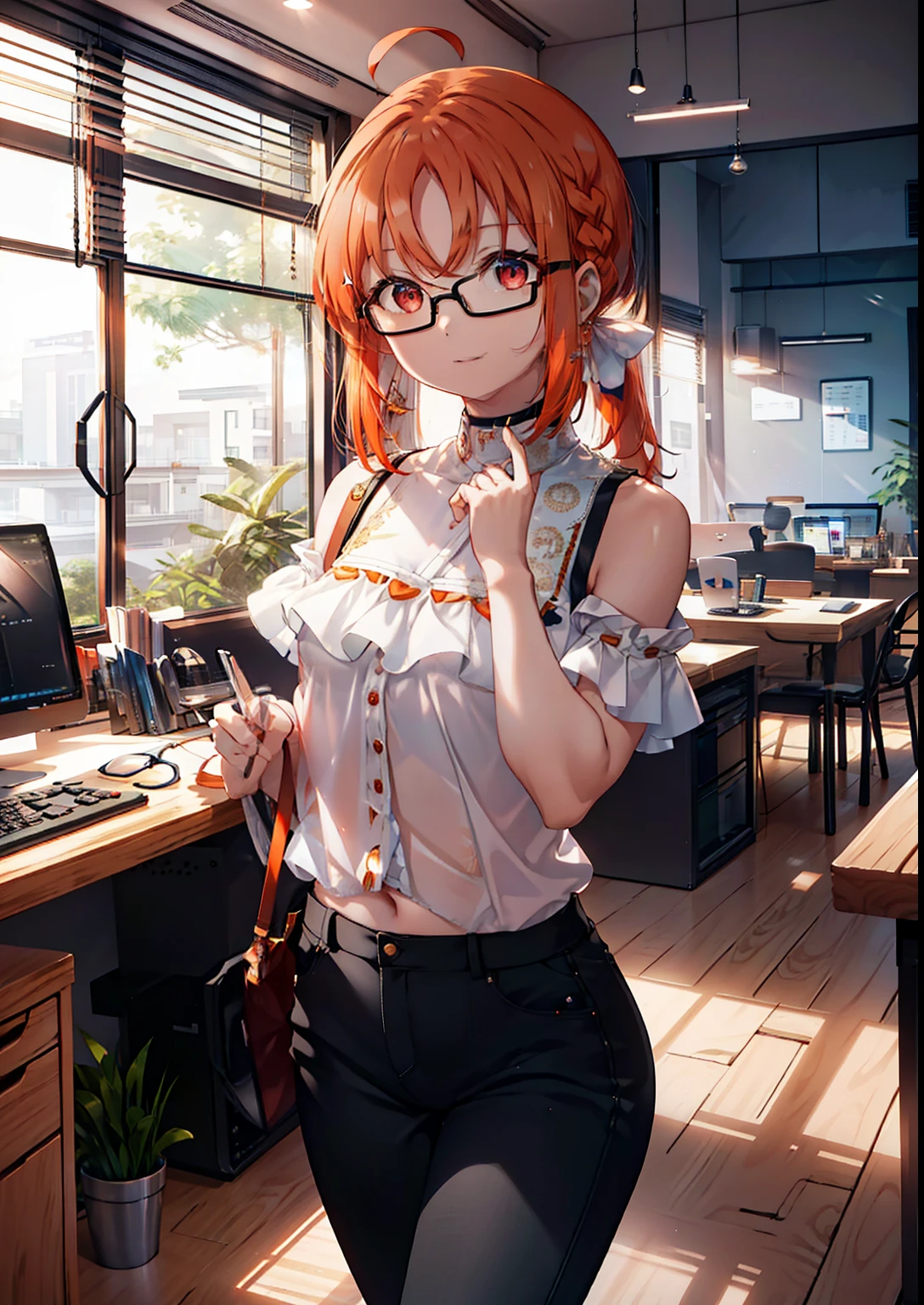 Takahai Chige,Orange Hair,Red eyes,smile,Long Hair,Ahoge,Cold Shoulder Shirt,Short sleeve,skinny pants,Stiletto heels,Black-rimmed glasses,interior,There is a computer on the table,Walking,whole bodyがイラストに入るように,Daytime,Clear skies, break indoors, office, break looking at viewer, whole body, (Cowboy Shot:1. 5) break (masterpiece:1.2), Highest quality, High resolution, unity 8k wallpaper, (shape:0.8), (Beautiful attention to detail:1.6), Highly detailed face, Perfect lighting, Extremely detailed CG, (Perfect hands, Perfect Anatomy),