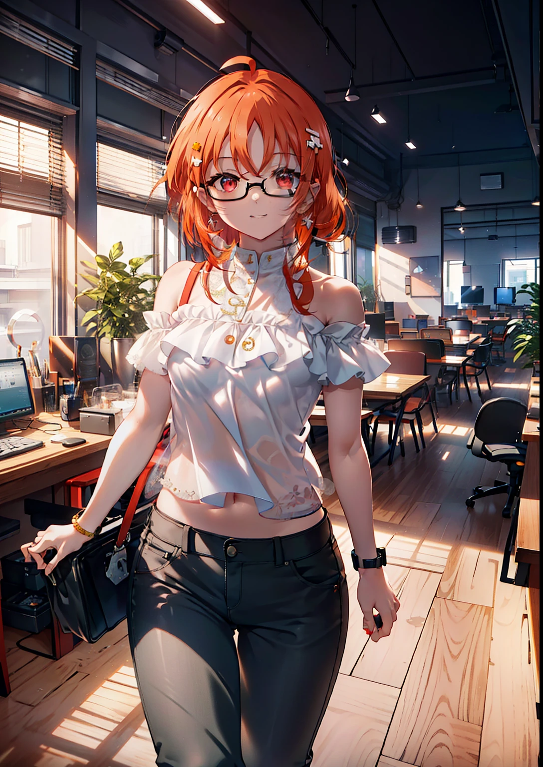 Takahai Chige,Orange Hair,Red eyes,smile,Long Hair,Ahoge,Cold Shoulder Shirt,Short sleeve,skinny pants,Stiletto heels,Black-rimmed glasses,interior,There is a computer on the table,Walking,whole bodyがイラストに入るように,Daytime,Clear skies, break indoors, office, break looking at viewer, whole body, (Cowboy Shot:1. 5) break (masterpiece:1.2), Highest quality, High resolution, unity 8k wallpaper, (shape:0.8), (Beautiful attention to detail:1.6), Highly detailed face, Perfect lighting, Extremely detailed CG, (Perfect hands, Perfect Anatomy),
