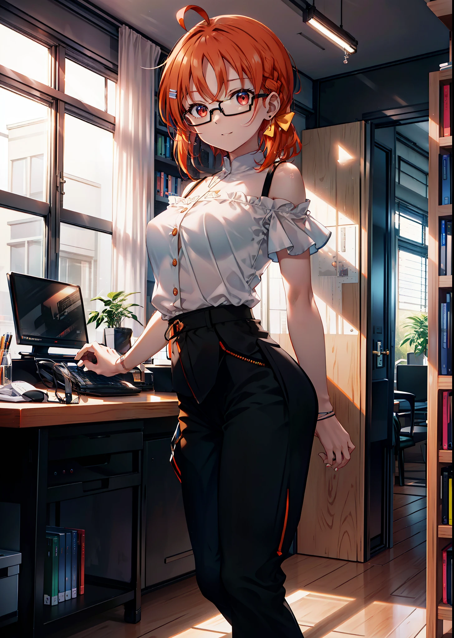 Takahai Chige,Orange Hair,Red eyes,smile,Long Hair,Ahoge,Cold Shoulder Shirt,Short sleeve,skinny pants,Stiletto heels,Black-rimmed glasses,interior,There is a computer on the table,Walking,whole bodyがイラストに入るように,Daytime,Clear skies,　　　　 　　　　　　　　　　　　break indoors, office, 　　　　　　　　　　　break looking at viewer, whole body, (Cowboy Shot:1. 5)　　　　　　　　　　　　　　　　　　break (masterpiece:1.2), Highest quality, High resolution, unity 8k wallpaper, (shape:0.8), (Beautiful attention to detail:1.6), Highly detailed face, Perfect lighting, Extremely detailed CG, (Perfect hands, Perfect Anatomy),