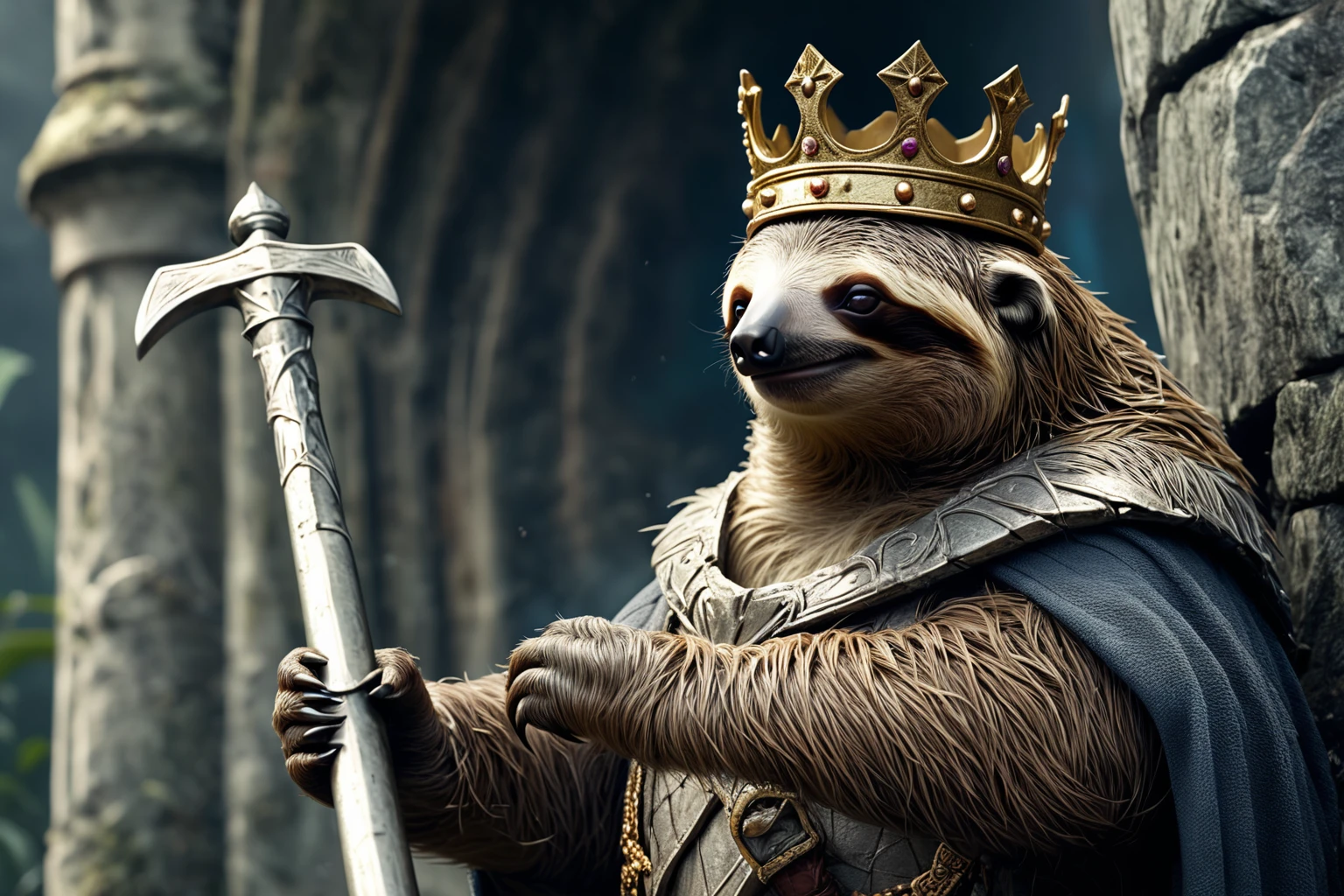 Closeup of a sloth as King Arthur, wearing a crown, pulling Excalibur out of the stone. Eerie, unsettling, dark, spooky, suspenseful, grim, highly detailed