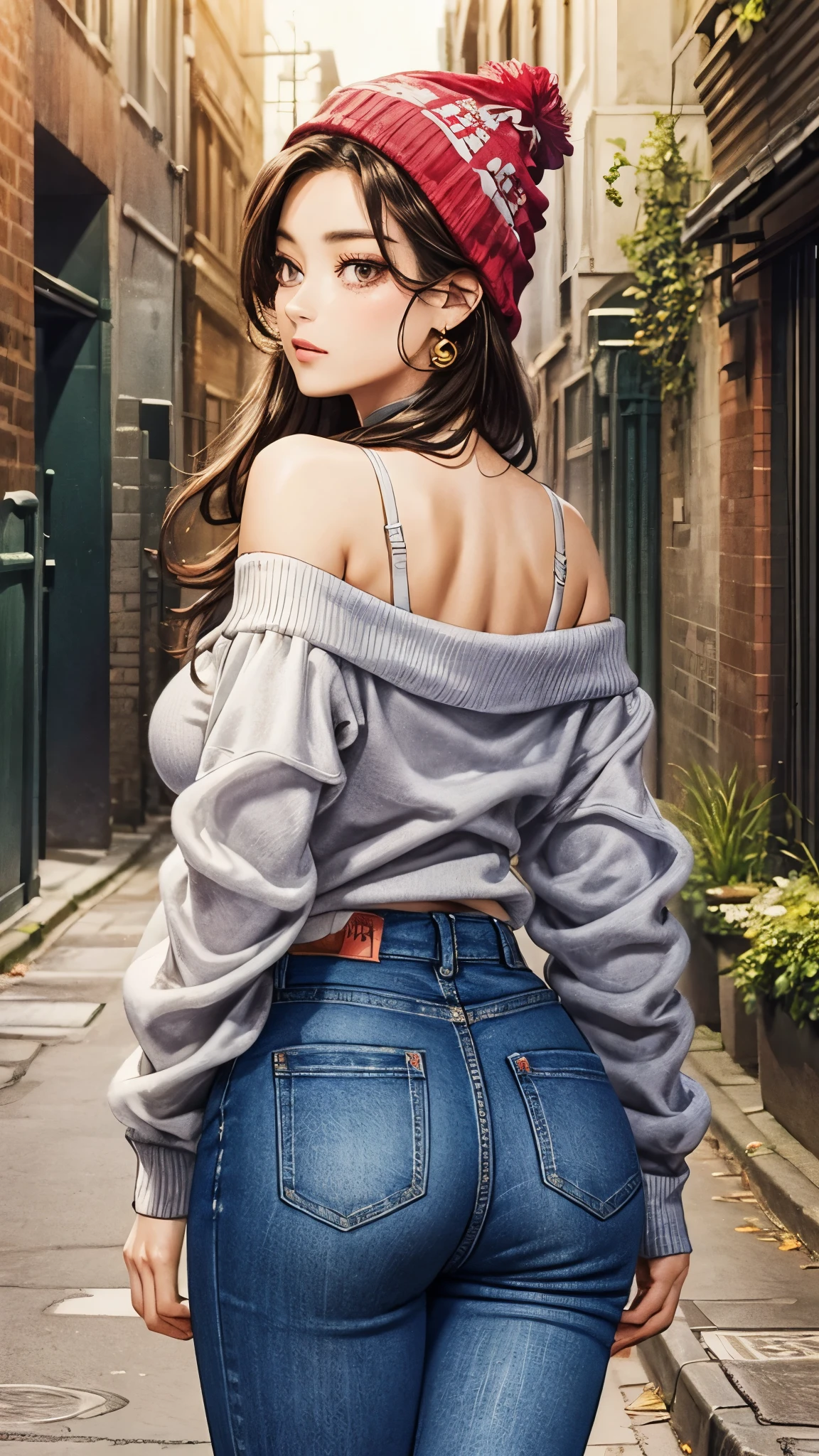 (best quality, masterpiece:1.2), perfect body, slim waist, large breasts, off-shoulder printed sweatshirt, beanies, jeans, back alley, vibrant