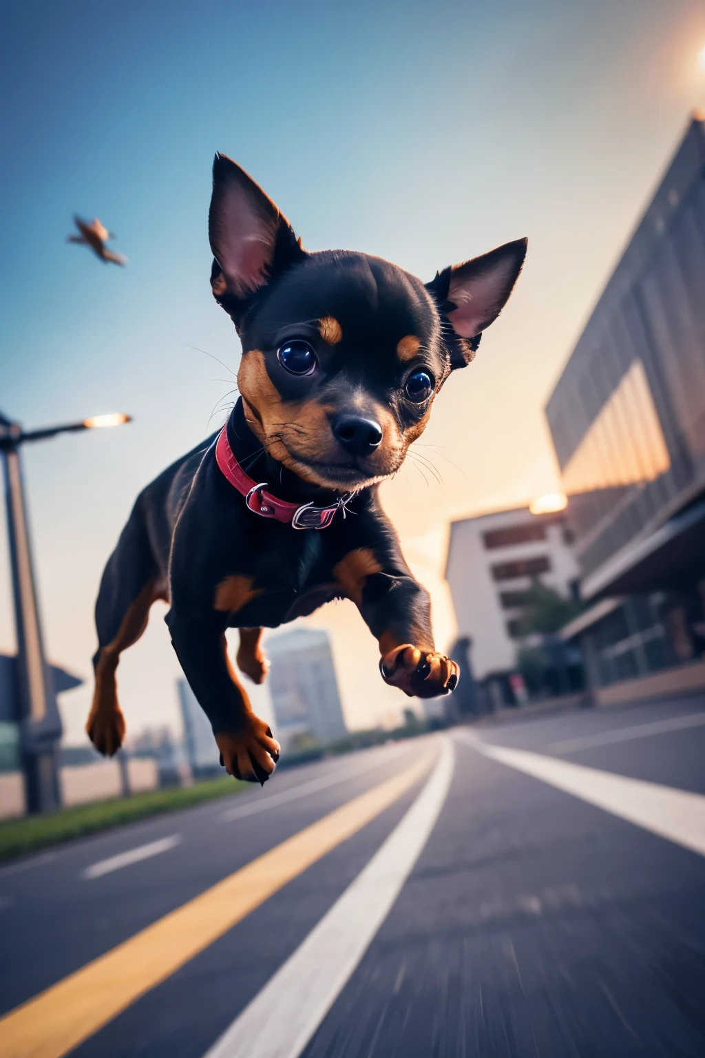 Miniature Pinscher, Very detailed and fascinating, Airborne Puppy, Dancing in the air, crazy, Dynamic dance moves, Falling rapidly through the sky, Funky Eyes, Fighter jet agility, Perfect 3D CGI rendering, Dynamic Motion Blur for Enhanced Mobility, A masterpiece with the best aesthetics, Super Retina