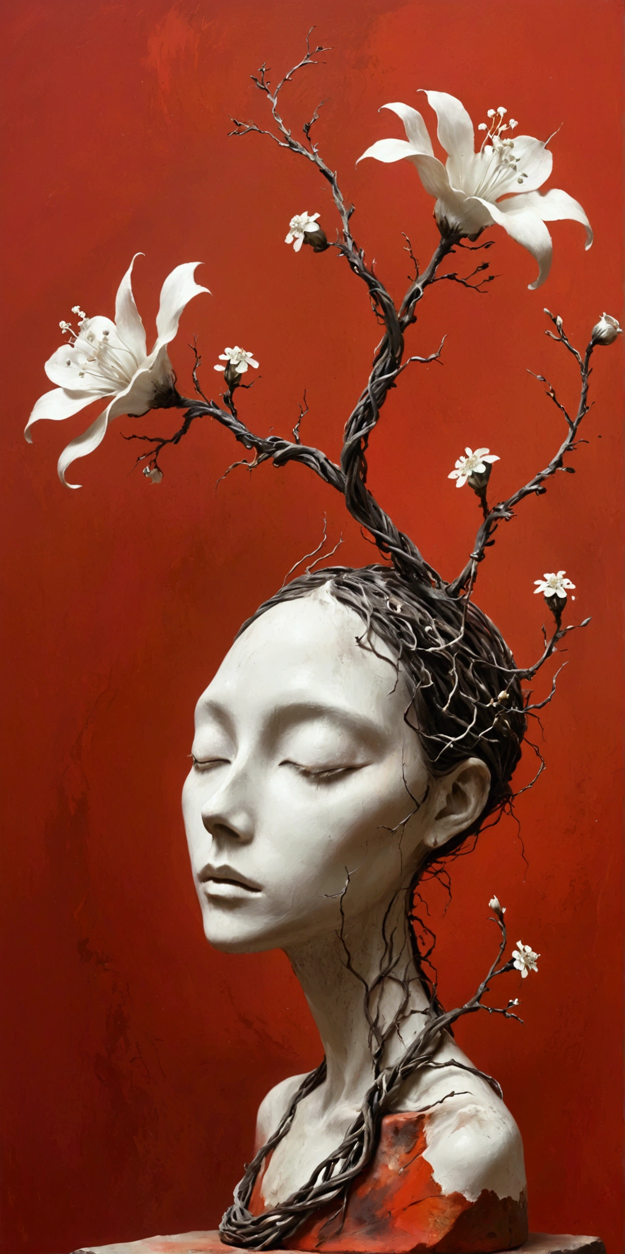 Abstract Sculpture,weird,Abstract Art,Surrealism,Dead vines,Small white flowers,Red background