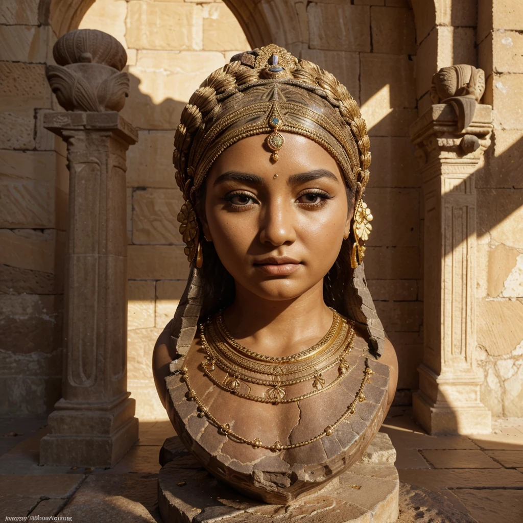 (best quality,4k,8k,highres,masterpiece:1.2),ultra-detailed,(realistic,photorealistic,photo-realistic:1.37),ancient egyptian style,Stone statue,chubby,fat woman,35 years old,beautiful detailed eyes,beautiful detailed lips,extremely detailed eyes and face,long eyelashes,smooth skin,curvaceous figure,royal headdress,golden jewelry,ornate dress,standing on a pedestal,sandstone texture,weathered appearance,cracks and crevices,imposing presence,impressive size,rich history and culture,serene expression,stoic pose,dusk lighting,subtle shadows,vibrant hues,golden tones