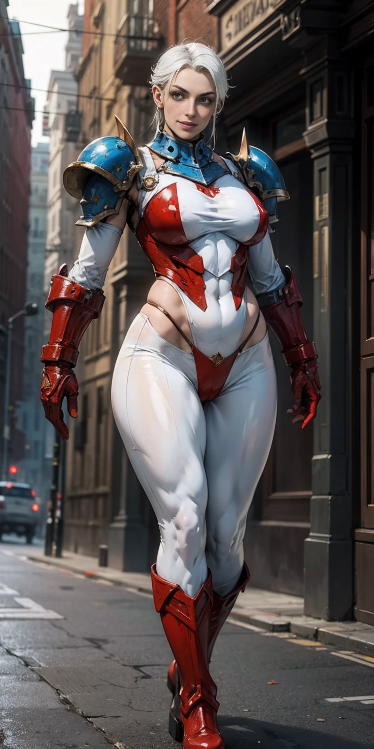 (masterpiece, best quality, 4k, 1girlsolo, 1MILF, mmplatz, smile, red cheeks, plain background:1.2) perfect face, perfect lighting, mature whsororitas with gloves red gauntlets in her hands like Cammy White from Street Fighter, bob white hair, warhammer 40k power armor suit with loincloth, red eyes like rubies, full body RED armor, view from below, looking to the viewer, arms to the sides empty hands, RED military boots, silver skull ornament attached to crossing 2 belt wide hips, 2 long legs