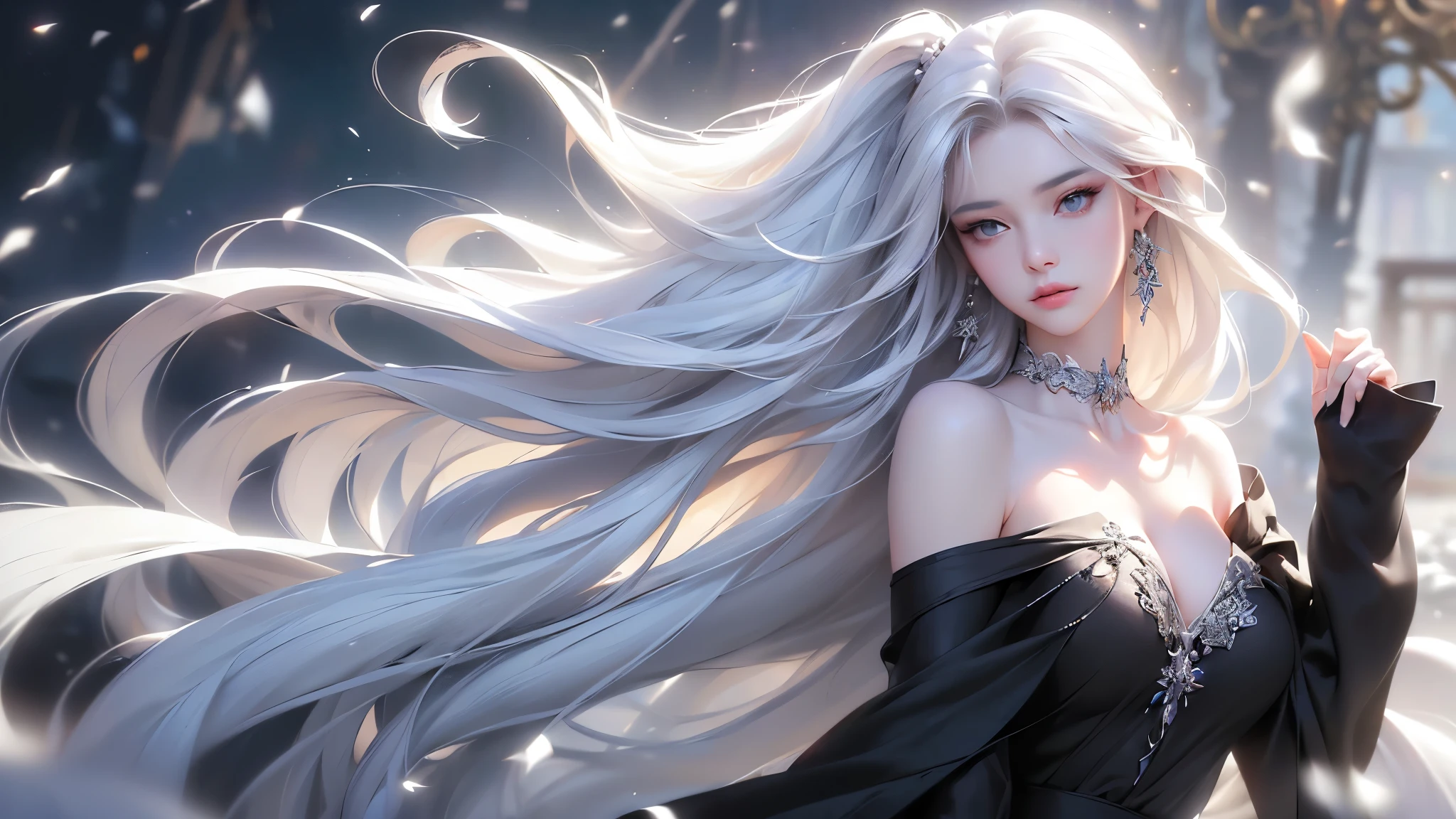 ((Above the knees image:1.5、Zoom out))((masterpiece:1.5、8k、Tabletop、フォトリアリスティックでVery detailedなCG、Very detailed、Particle Effects、Dynamic Effects、Shallow depth of field、Cinematic Light、Lens flare、Ray Tracing、Tabletop、Realistic:1.4、Ultra-high resolution:1.2、Realistic、Realistic))((alone, 1 girl、A woman wearing a black cashmere coat over an off-the-shoulder dress:1.4、Elegant woman posing、Detailed face、bright表情、young, bright, Whiter skin、Medium chest、Beautiful cleavage、Small waist、Best Looks、Asian、Ultimate beauty、bright and shiny hair,、Super long, Silky straight hair、Hair dancing in the wind))(morning、The setting is a snow-covered temple、Crystal of snow)((shiny white hair))