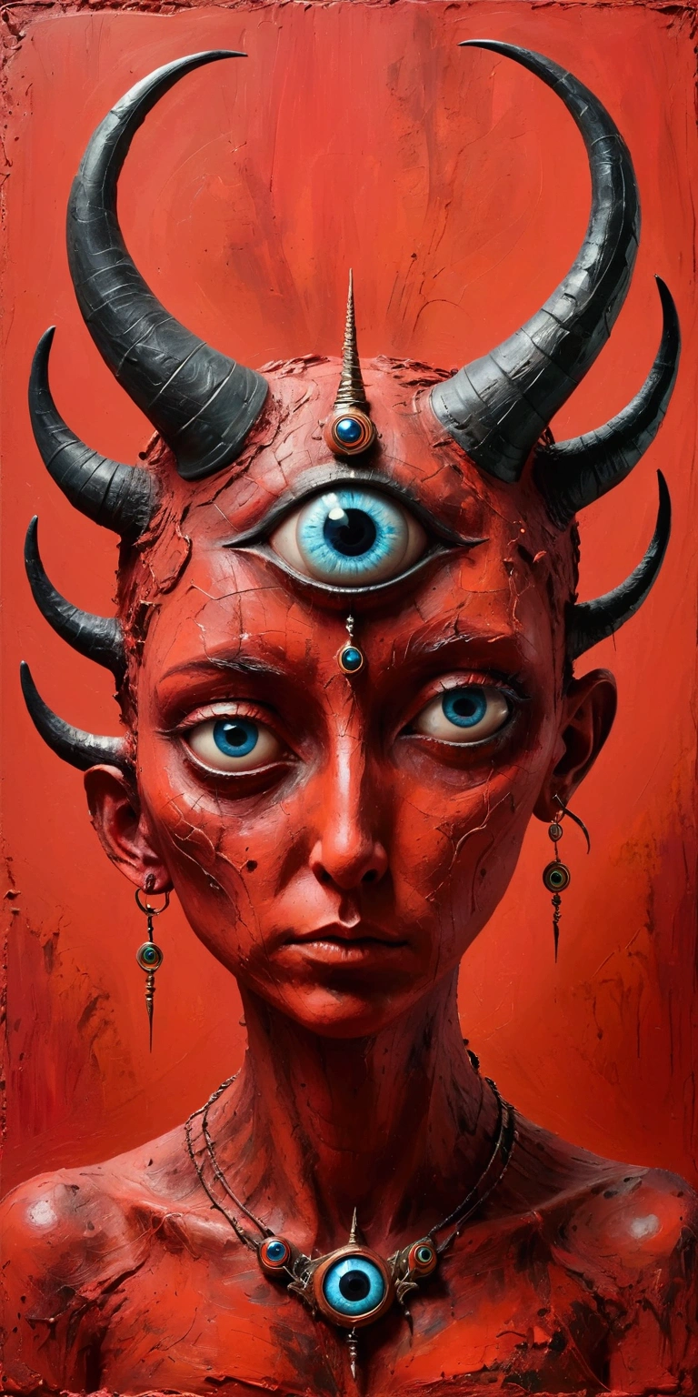 Abstract Sculpture，weird,Horns on the head - long，The third eye on the forehead，Abstract Art,Surrealism，Red background