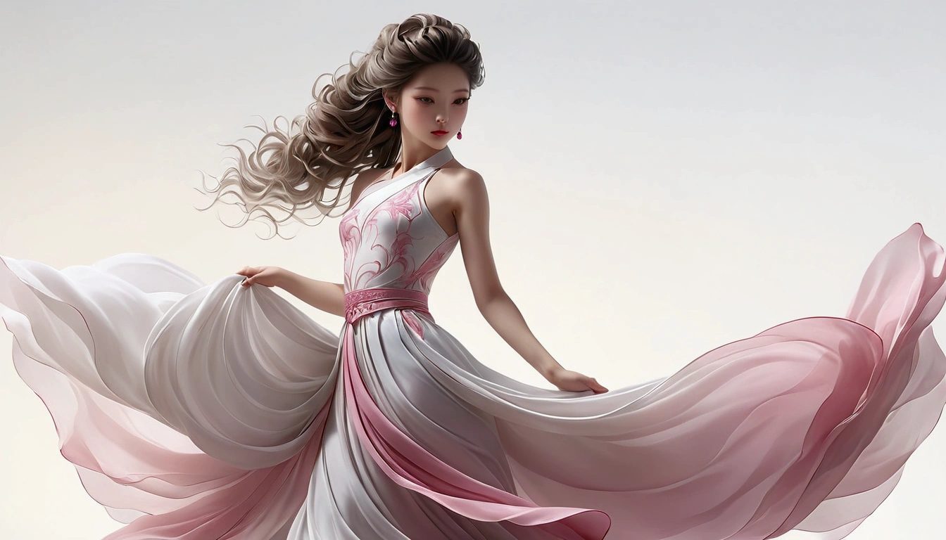 Dance photography；A dancer，Solitary；A little girl in a gorgeous long dress，Chinese-style skirt，Pink and white gradient，Conservative style，Smudged skirt hem；The movements of the dance；elegant，Flexible skirt；Long hair，Long hair披肩。Full body view，front； Simple style；Minimalism。White background，Pure white background；Panoramic photography；Depth of Field, Extraordinary details, masterpiece, high quality, 4K，cinematic lighting, motion blur, depth of field, sparkle, ray tracing, reflection light, anatomically correct, uhd, textured skin, best quality, super detail, highres, high details, accurate, high quality, award winning
