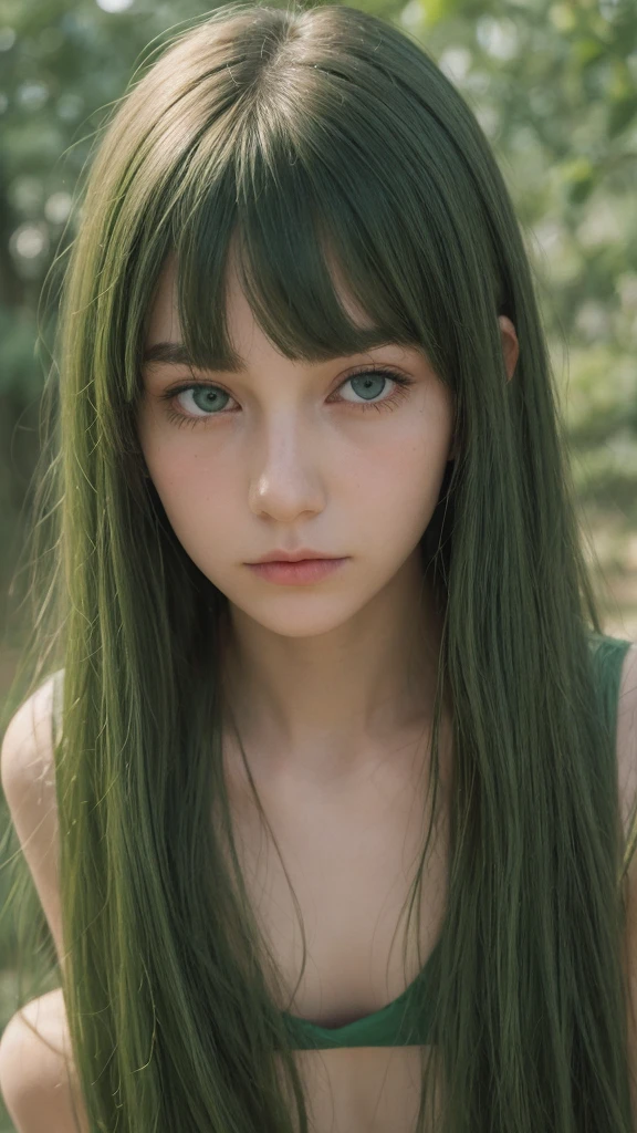 a girl. Europe. Extremely detailed face. Oval face. delicate facial features. half-closed eyes. long straight hair. messy hair. bangs. green hair. green eyes. afraid. Sad. shy. straight face