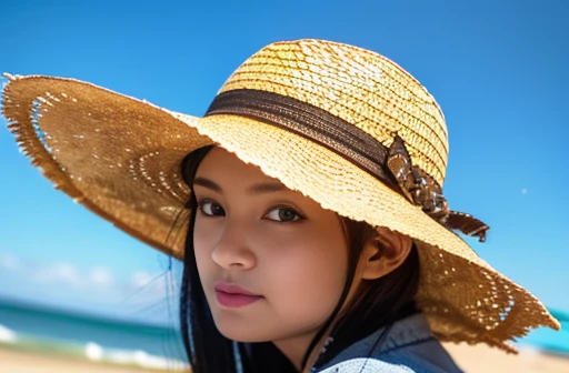 Highest quality,4K,Cowboy Shot:1.5,(Beautiful woman、Straw hat,Cute eyes:1.5),A shortcake is placed on top of the soft serve ice cream.、A girl holding a large soft serve ice cream、port、Eat soft serve ice cream while gazing at the sea、(Emerald Green Sea,Sun reflection,The water surface is sparkling:1.5,)Very beautiful scenery,Seagulls are flying,Cute girl、