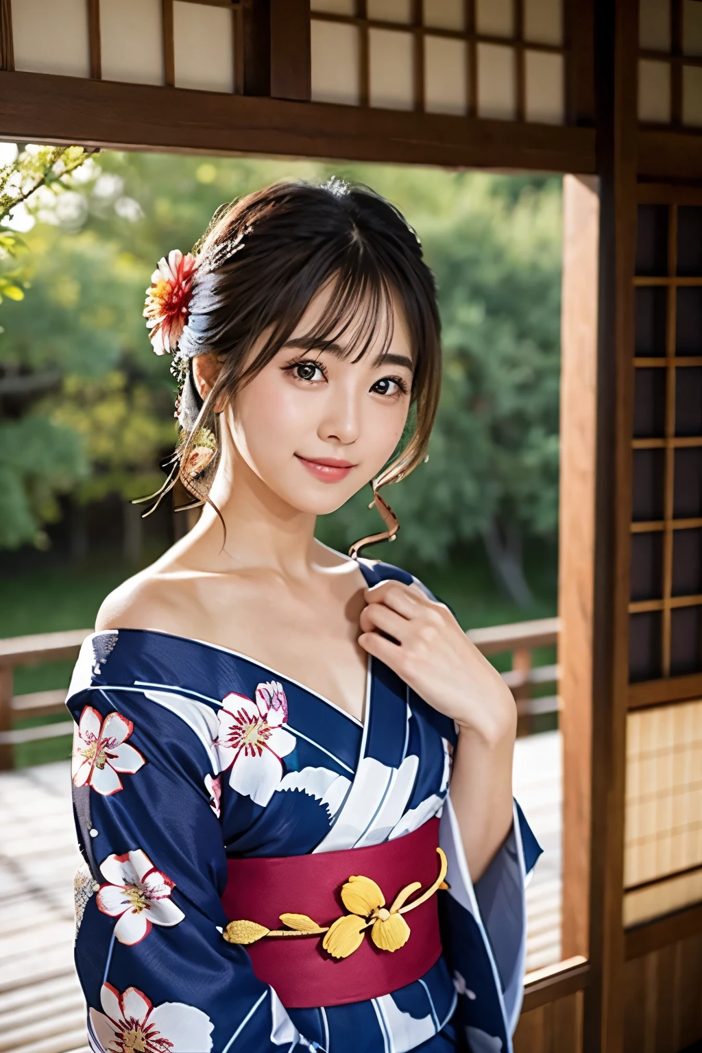 Sharp Photos、(8k、RAW Photos、Highest quality、masterpiece:1.2)、Veranda of a rural Japanese house、wind chimeastepiece、Highest quality:1.4)、Beautiful Face、8k、abstract、(Floral Yukata:1.4)、Upper Body、Exposed breasts、Violet、Gardenia、Delicate girl、solo、night、See who&#39;s watching、Upper Body、Sharp Focus、Facial lighting、(smile:0.4)、Cleavage、(Simple Background、Background blur:1.2)、Facial details