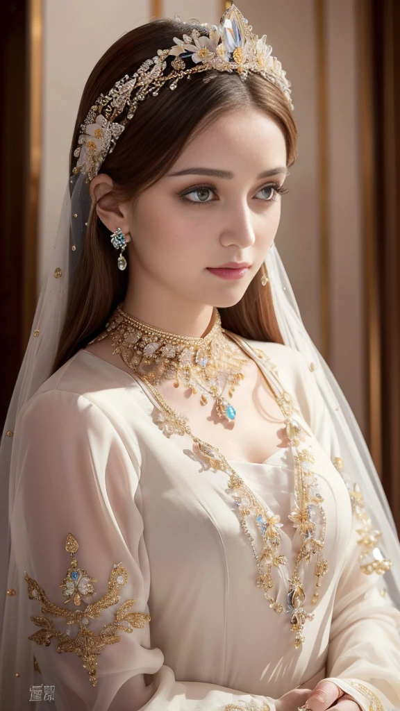 Masterpiece，Highest high resolution，Dynamic bust of beautiful royal lady，Long white hairstyle，Amber clear eyes，The hair is covered with beautiful and delicate floral craftsmanship, Crystal jewelry filigree，Ultra-detailed details，upscaled。