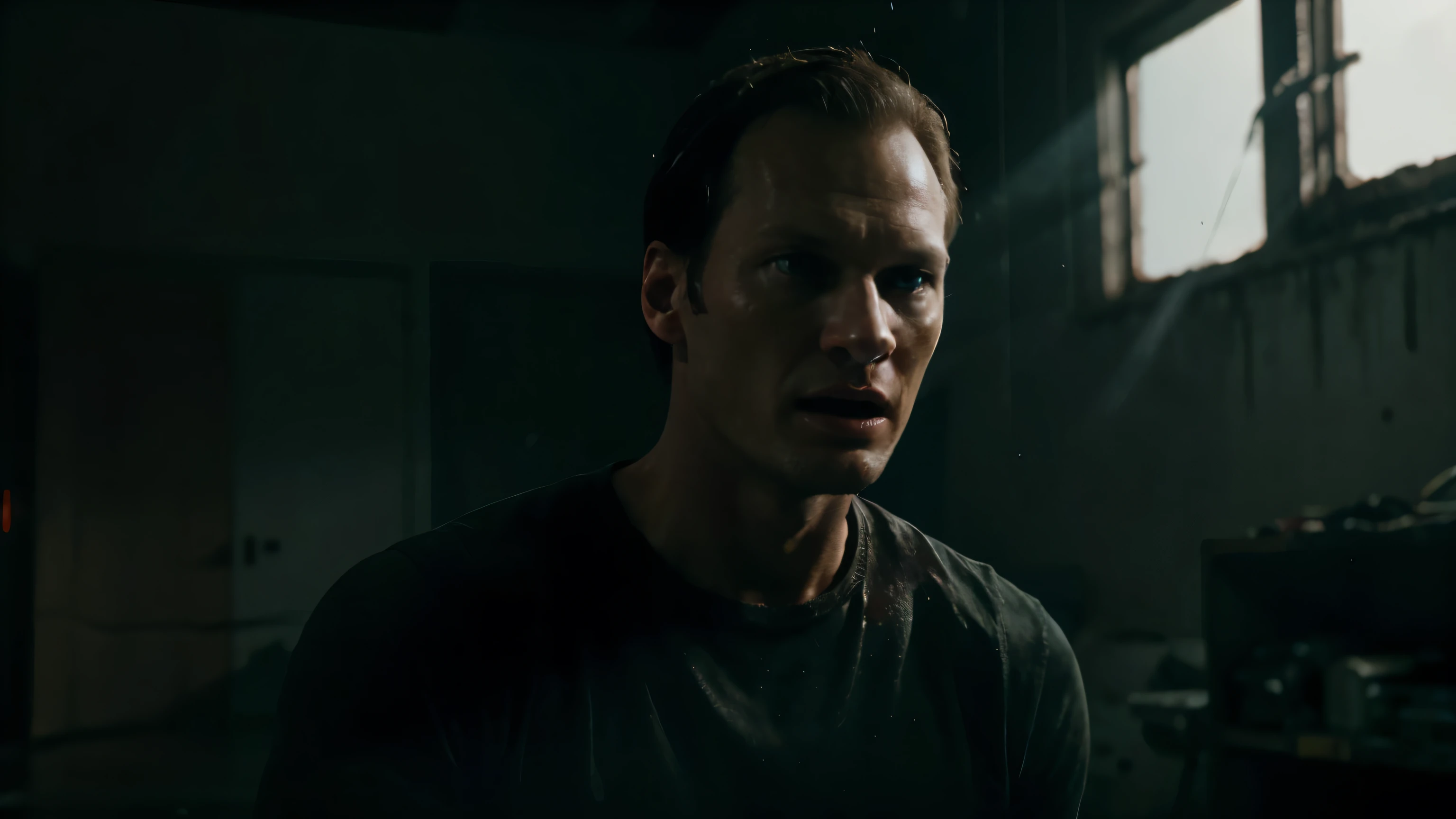 Jurassic Horror Terrified Patrick Wilson in a abandoned lab photography, natural light, photorealism, cinematic rendering, ray tracing, the highest quality, the highest detail, Cinematic, Third-Person View, Blur Effect, Long Exposure, 8K, Ultra-HD, Natural Lighting, Moody Lighting, Red light Cinematic Lighting flare