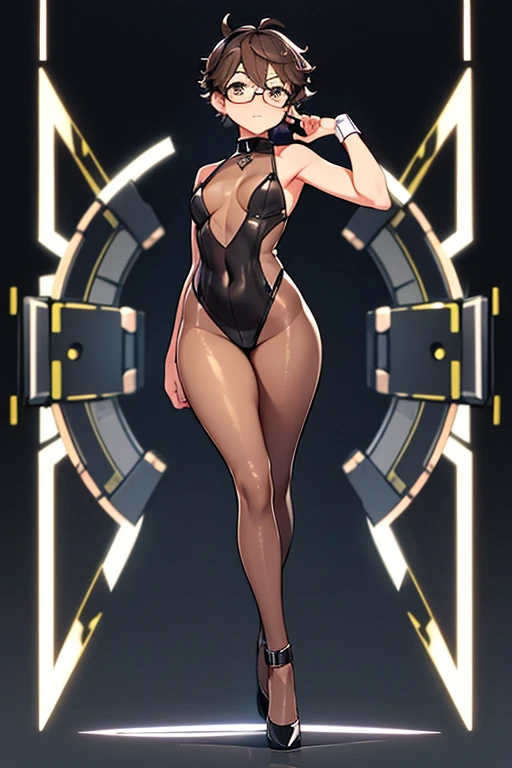 Really embarrassed tomboy thin hairly girl, with short gray curly  hair, brown skin and  glasses, in sexy Transparent mini bunny suit, full body, Dynamic pose