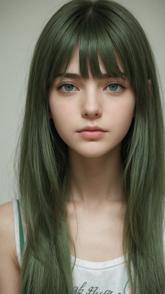 a girl. Europe. Extremely detailed face. Oval face. delicate facial features. half-closed eyes. long straight hair. messy hair. bangs. green hair. green eyes. afraid. Sad. shy. straight face