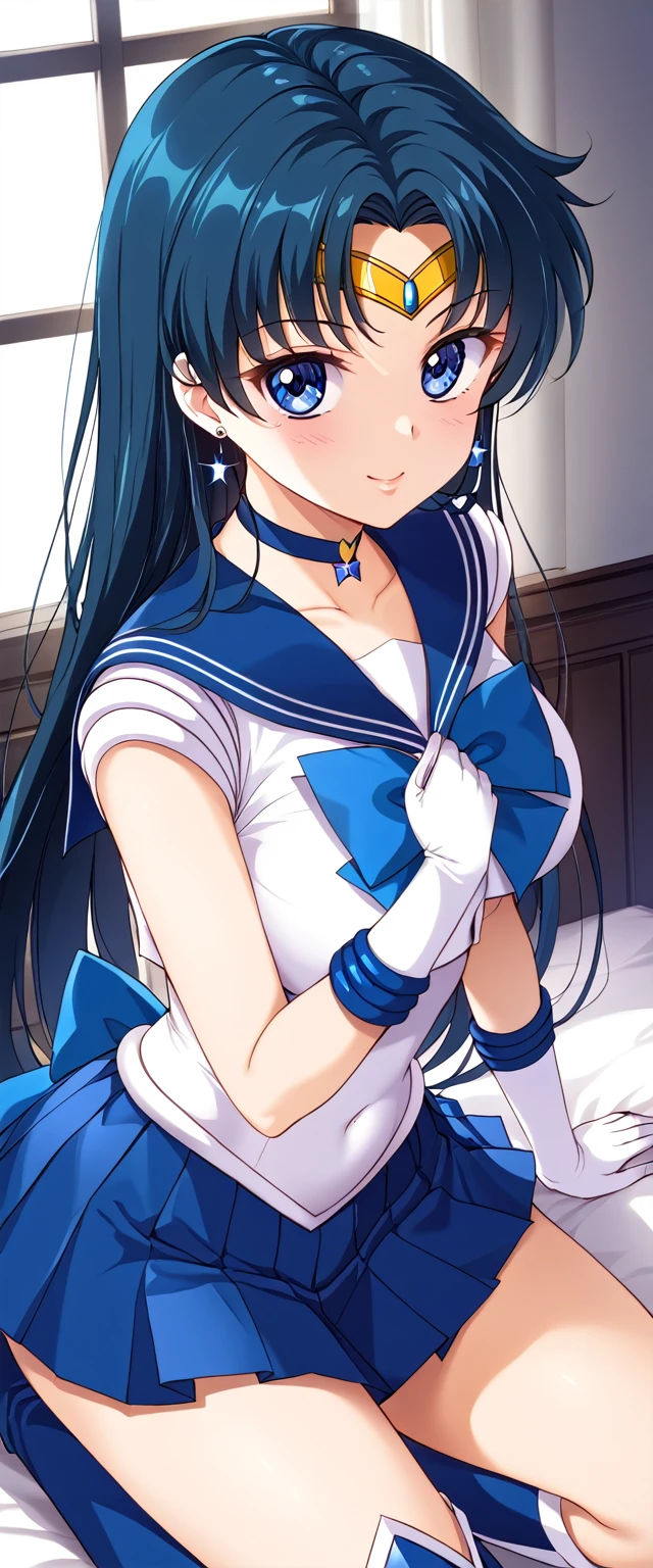 (Perfect Anatomy)、Mastepiece、Ultra High Quality、 8k、masterpiece、Highest quality、Ultra-high resolution、Maximum resolution、Very detailed、Professional Lighting、anime、woman、thin、Very beautiful face、Very beautiful eyes、(Highly detailed eye)、Highly detailed face、Sailor Mercury、tiara、Sailor Warrior Uniform、Blue Skirt、Blue sailor collar、Knee Boots、choker、White gloves、blue choker、jewelry、Earrings、Pleated skirt, gloves