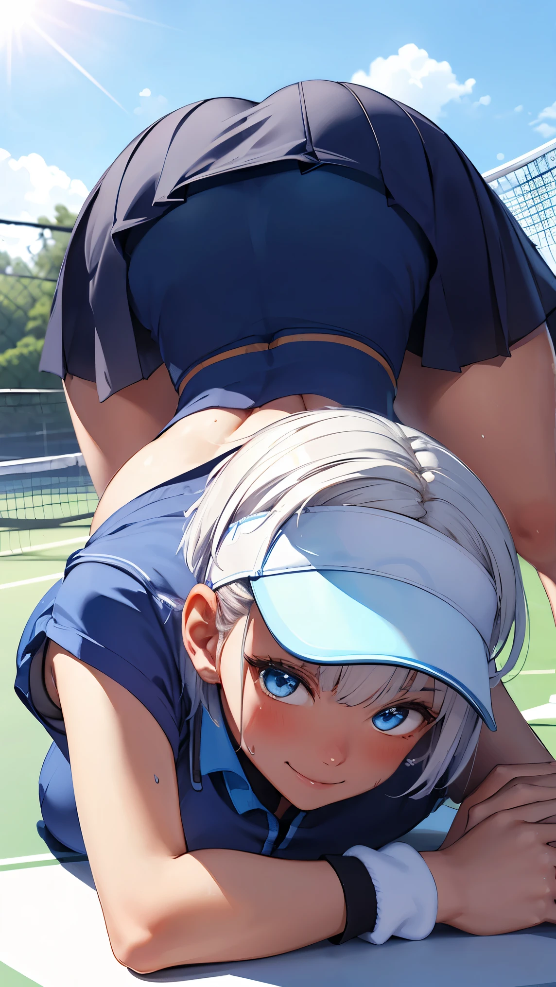 1 Girl、Beautiful silver hair、((((Very short hair))))、Blue eyes、(blue visor)、((Blunt bangs)), 22 years old, ((Tennis uniform)), sleeveless, (tsurime), Tight waist、smile、skirt, White panties、sexy pose、jack o pose, top-down bottom-up, (Stick your butt out、Leaning forward:1.1)、At the tennis event venue、A large crowd gathers、Sweat、Lens flare、Shallow depth of field