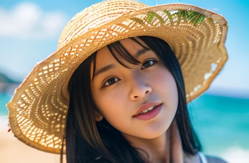 Highest quality,4K,Cowboy Shot:1.5,(Beautiful woman、Straw hat,Cute eyes:1.5),A shortcake is placed on top of the soft serve ice cream.、A girl holding a large soft serve ice cream、port、Eat soft serve ice cream while gazing at the sea、(Emerald Green Sea,Sun reflection,The water surface is sparkling:1.5,)Very beautiful scenery,Seagulls are flying,Cute girl、