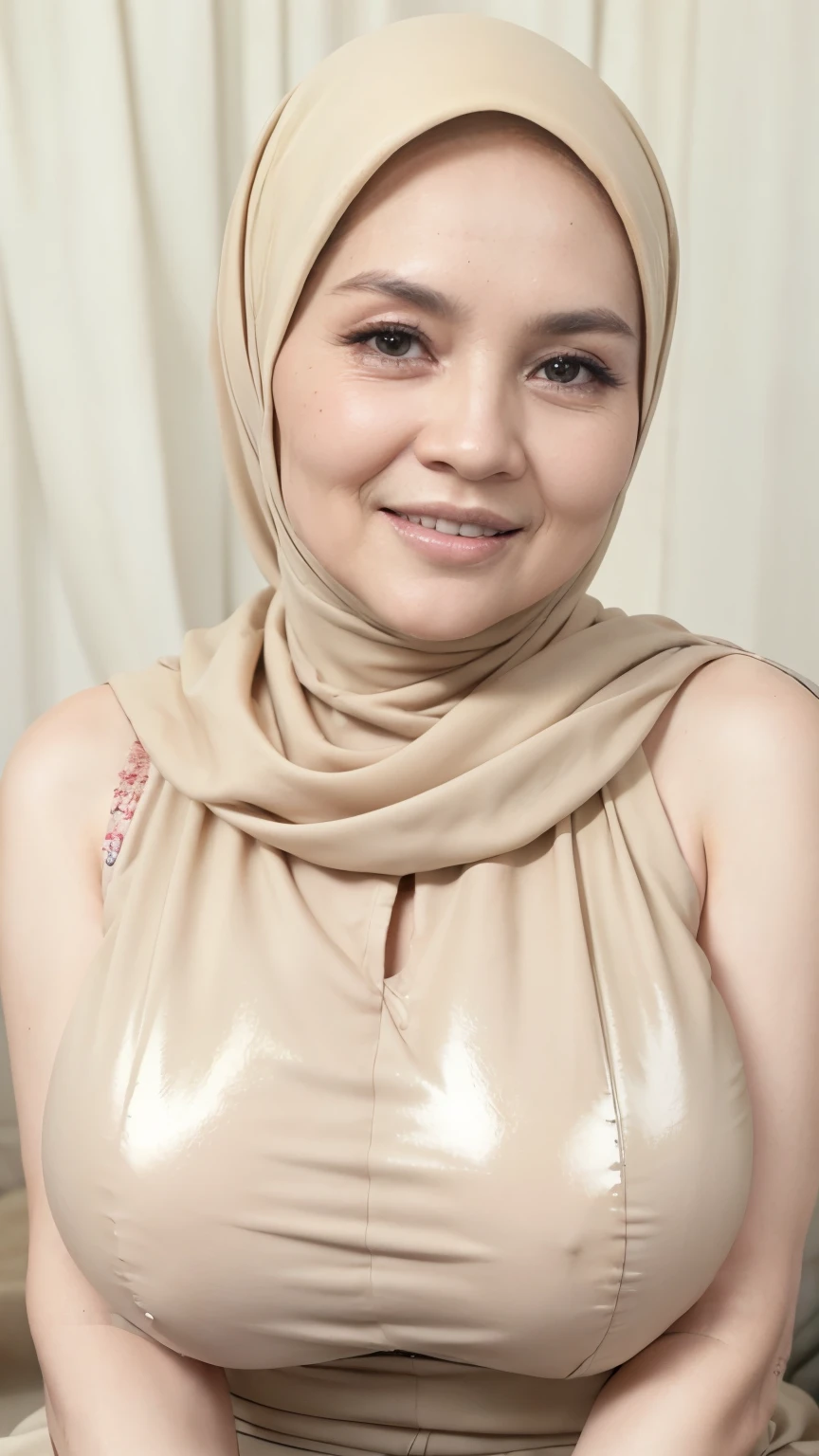 Black Lips, ((smile)), ((Naked Colourfull)), ((Old Lady :1.6)), (((VERY SHINY SKIN))), Very cute like a Matured Lady, ((Stylish Hijab)), adorable, 1 girl, 55 years old, baby face, shy, half body portrait,smile, (face details: 1), (eye details: 1), ((round large breasts, cleavage)). Cute posed. proportional body. Ultra High Res. (realistic: 2), UHD, ((SHINY SKIN :1.4)), ((Floral Pattern)).