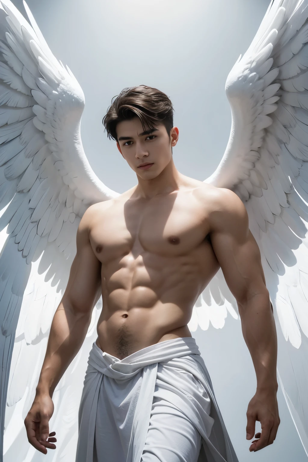 Describir en detalle la figura de un hombre, Archangel with angelic features turned completely to the left. torso denudo, grandes musculos, Como el pelo blanco, largo y liso, Las alas blancas y angelicales en su espalda, as well as its extremely striking beauty, encanto, The elegance and the angelic feeling that emanates from it. Imagine it on a stage with a white background, bathed in a radiant light, and explores how these elements combine to create a captivating, heavenly image.. (Hombre)