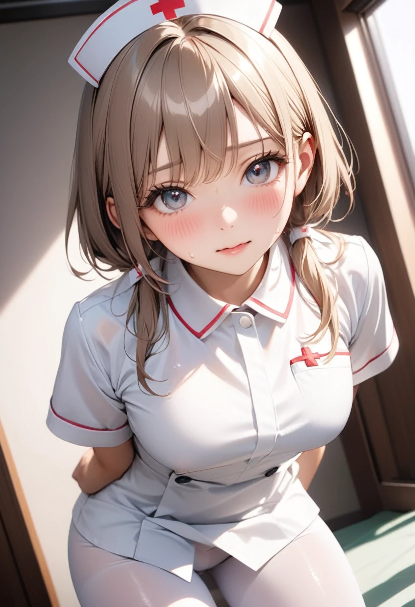 (((nurse uniform), (white pantyhose), (Shiny Costumes))), skindentation, skinny, solo, 1 woman, Masterpiece, highest quality, highest quality, 16K, incredibly absurd, highly detailed, 2.5D, ai-generated, delicate and dynamic, very delicate facial expressions, delicate eye depiction, ??????, only sexy woman, ((A cute and kind face)), healthy figure, ((25-year-old woman)), 160cm tall, medium firm swaying bust, blush, Sweat,Embarrassed,sexy, ((thin thighs)), (camel toe:0.5), (visible nipples:0.2), (????? nipples,:0.7), shiny and lustrous, facing straight at viewer, (((in heat))), ((Oily_skin)), ((dutch angle)), ((?????? pose)), ((one keene))