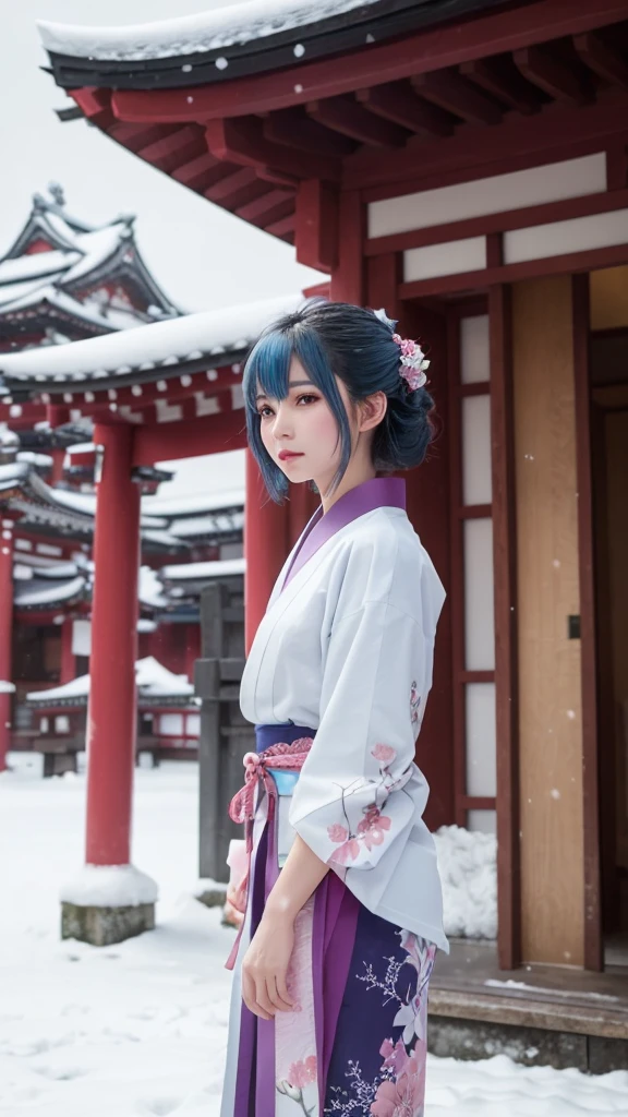 Anime-style female, long light blue hair, wearing a traditional white kimono, purple and pink accents, standing in a snowy landscape,  background of Japanese temples and shrines, She is depicted, falling snow and cool colors, calm and mysterious expression, overall mood is peaceful and tranquil