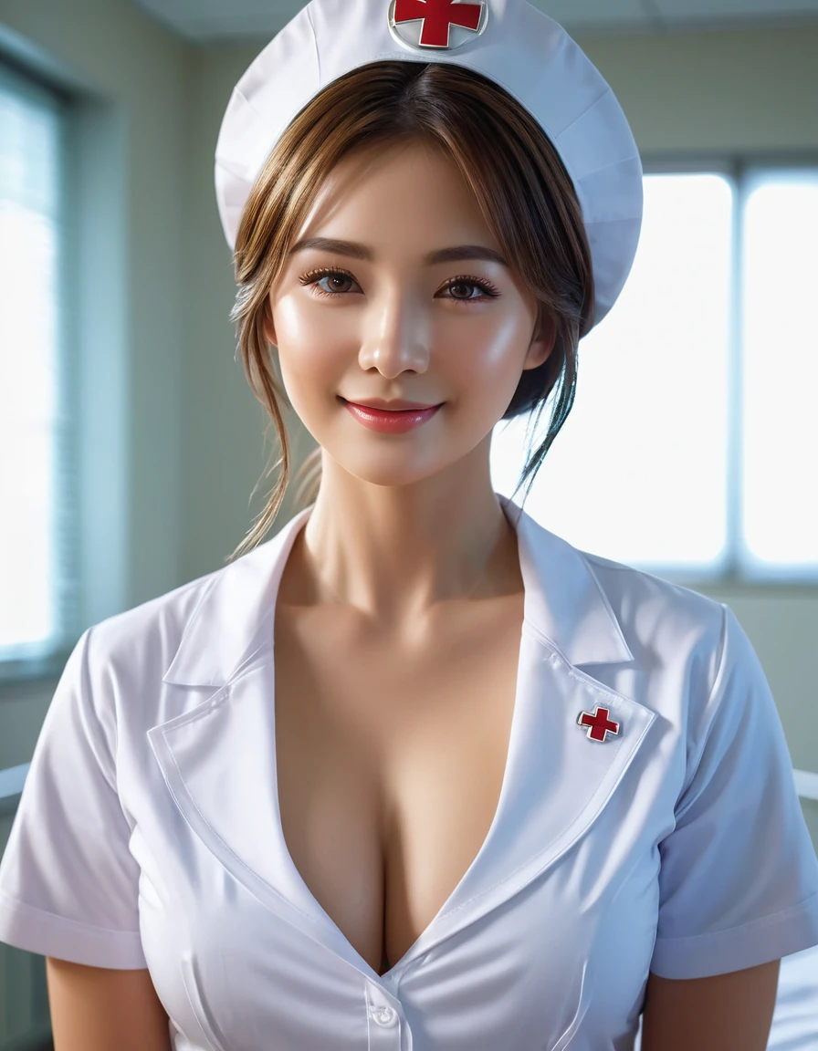 In a softly lit, sterile hospital room, a stunning nurse stands confidently, her medium-sized breasts subtly emphasized beneath the crisp, white uniform. Her piercing gaze, framed by luscious eyelashes, seems to hold mine as she wears a subtle smile, her natural lips glistening with a hint of moisture. The nurse's detailed face, highlighted by a warm, photo-realistic glow, appears almost lifelike in this close-up shot, captured at an astonishing 8k resolution. Her white uniform and nurse hat create a striking contrast against the sterile background, while every fold, crease, and texture is meticulously rendered to create a true masterpiece of photography.