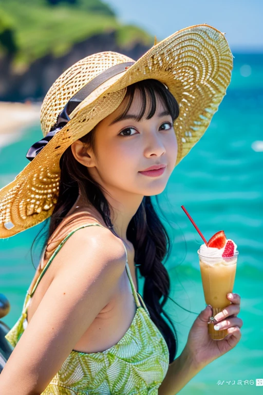 Highest quality,4K,Cowboy Shot:1.5,(Beautiful woman、Straw hat,Cute eyes:1.5),A shortcake is placed on top of the soft serve ice cream.、A girl holding a large soft serve ice cream、port、Eat soft serve ice cream while gazing at the sea、(Emerald Green Sea,Sun reflection,The water surface is sparkling:1.5,)Very beautiful scenery,Seagulls are flying,Cute girl、