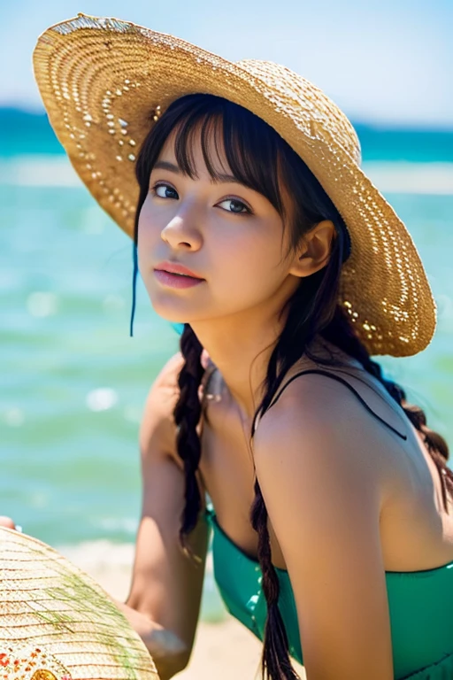 Highest quality,4K,Cowboy Shot:1.5,(Beautiful woman、Straw hat,Cute eyes:1.5),A shortcake is placed on top of the soft serve ice cream.、A girl holding a large soft serve ice cream、port、Eat soft serve ice cream while gazing at the sea、(Emerald Green Sea,Sun reflection,The water surface is sparkling:1.5,)Very beautiful scenery,Seagulls are flying,Cute girl、
