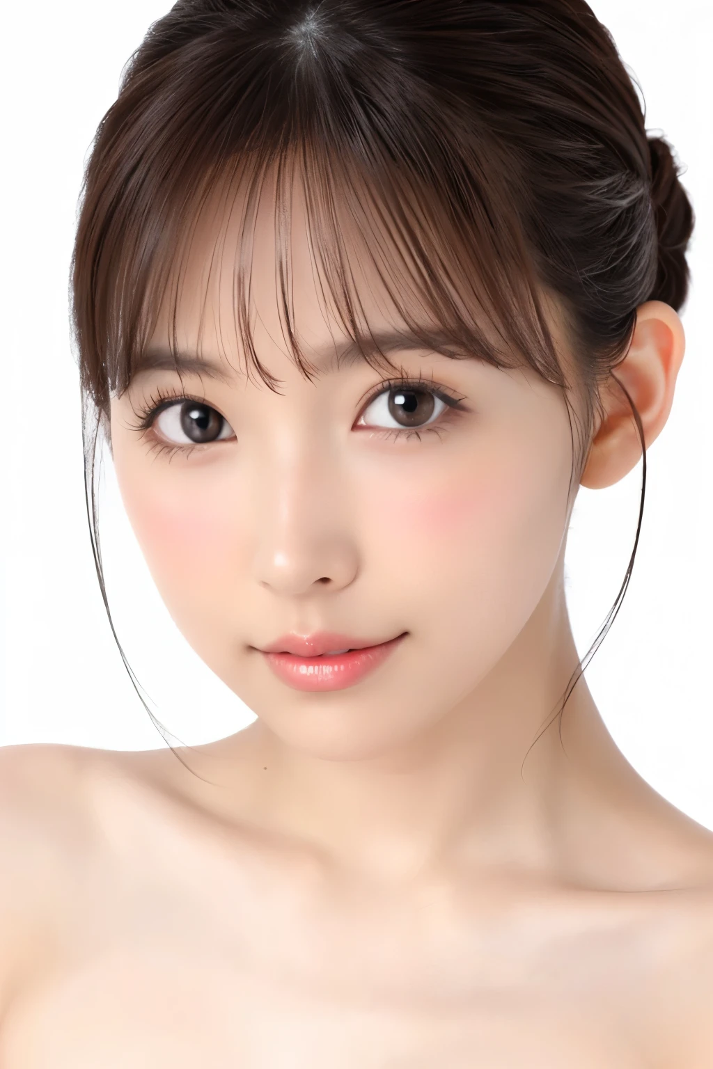 (Tabletop、Highest quality、8k、Award-winning works、Ultra-high resolution)、One Woman、(Face close-up:1.4)、Perfect beautiful face、(Closed lips:1.3)、(Pure white background:1.3)、(nude:1.2)、(Stand upright, Look straight ahead:1.2)