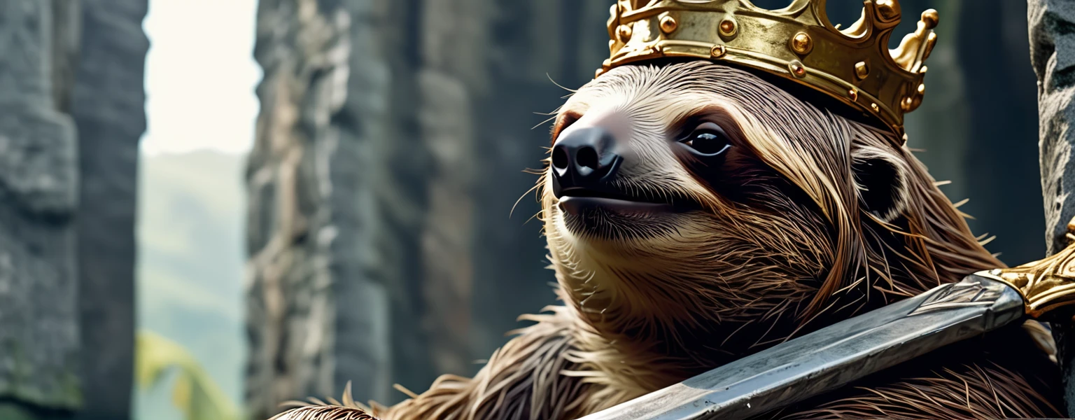 Closeup of a sloth as King Arthur, wearing a crown, pulling Excalibur out of the stone. Eerie, unsettling, dark, spooky, suspenseful, grim, highly detailed