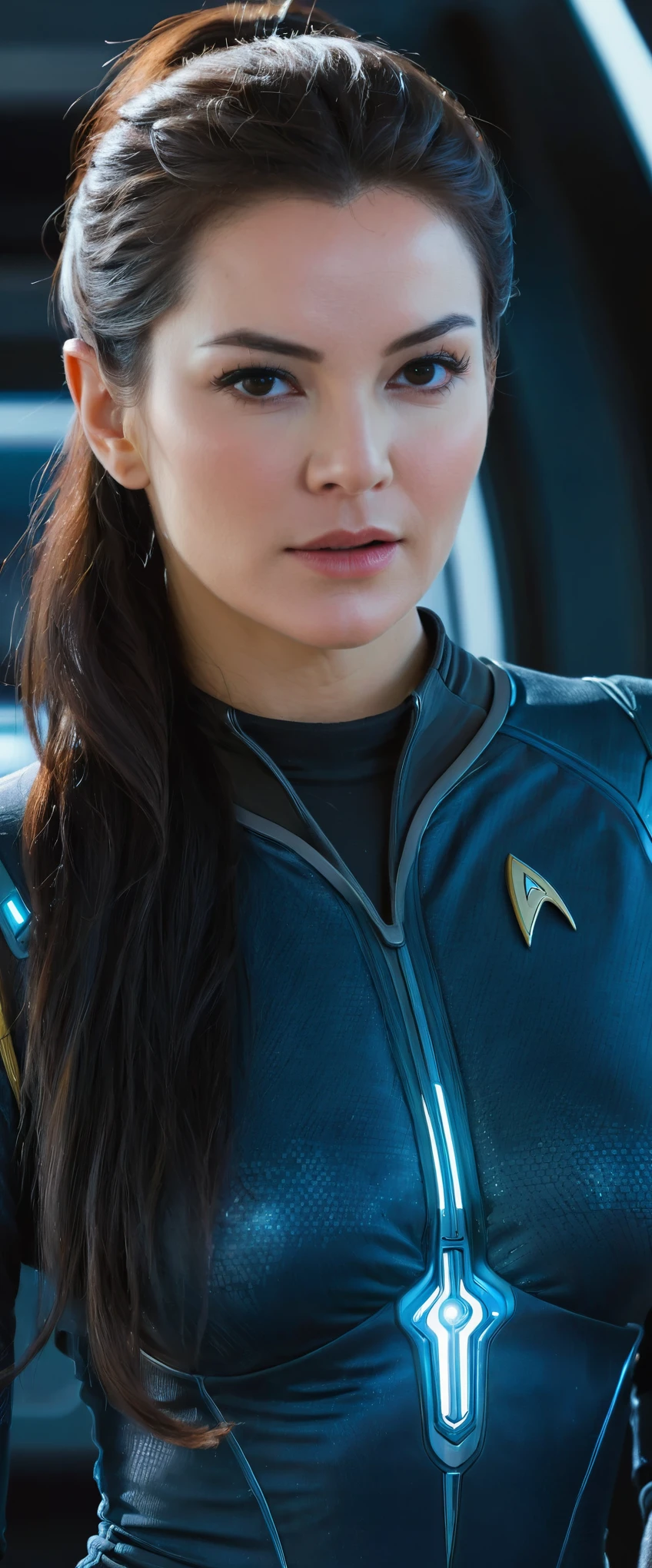 (masterpiece:1.2),(Highest quality),(Highest quality),(High resolution),(Very detailed),8k,Ultra HD,wallpaper,(Cinema Lighting,Written boundary depth,Sharp focus,Realistic texture),BREAK(Middle-aged women),(front:1.6),(From before:1.6),(whole body:1.6),(Looking at me:1.6),(Bewitching Woman:1.3,Beautiful woman:1.3),(Black Hair,ponytail),(Serious),BREAK(Spaceship captain),(Wear a headset:1.6),(Wearing a super shiny, ultra-small, high leg tech bodysuit:1.6),(The countless electronic components attached to the body suit are glowing.:1.6),(Beautiful thighs:1.6),(Space Long Boots),BREAK(A face with attention to detail:1.2,Skin with attention to detail:1.3,Captivating look),(Functional:1.3),((Voluptuous:1.6)),(Big Breasts:1.3),(Thick thighs:1.3),(Perfect proportions),BREAK(Star Trek Style:1.6),(Retro-future:1.6),Inside the spaceship,((Hand,detailed,perfect,perfection,hands))
