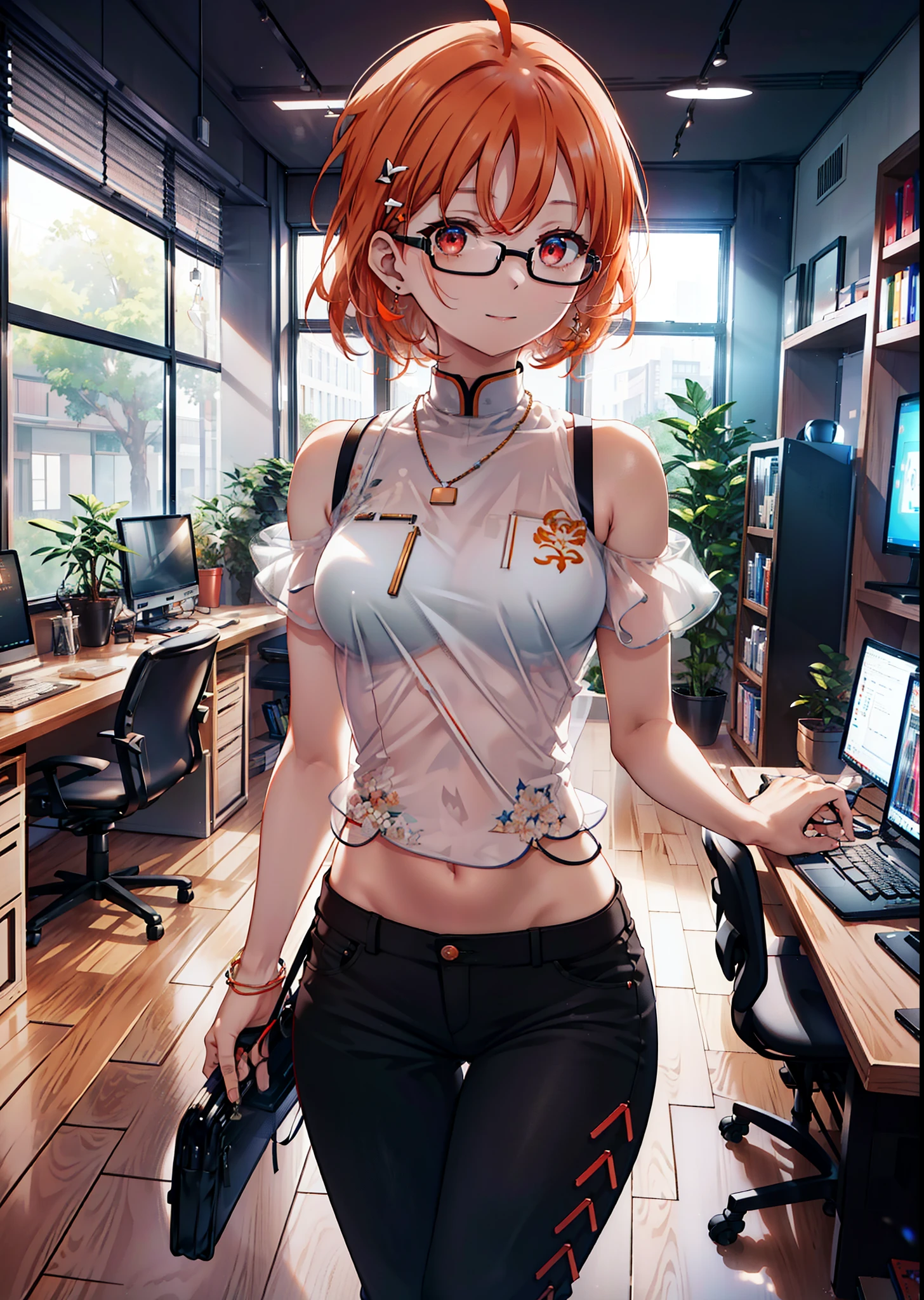 Takahai Chige,Orange Hair,Red eyes,smile,Long Hair,Ahoge,Cold Shoulder Shirt,Short sleeve,skinny pants,Stiletto heels,Black-rimmed glasses,interior,There is a computer on the table,Walking,whole bodyがイラストに入るように,Daytime,Clear skies,　　　　 　　　　　　　　　　　　break indoors, office, 　　　　　　　　　　　break looking at viewer, whole body, (Cowboy Shot:1. 5)　　　　　　　　　　　　　　　　　　break (masterpiece:1.2), Highest quality, High resolution, unity 8k wallpaper, (shape:0.8), (Beautiful attention to detail:1.6), Highly detailed face, Perfect lighting, Extremely detailed CG, (Perfect hands, Perfect Anatomy),