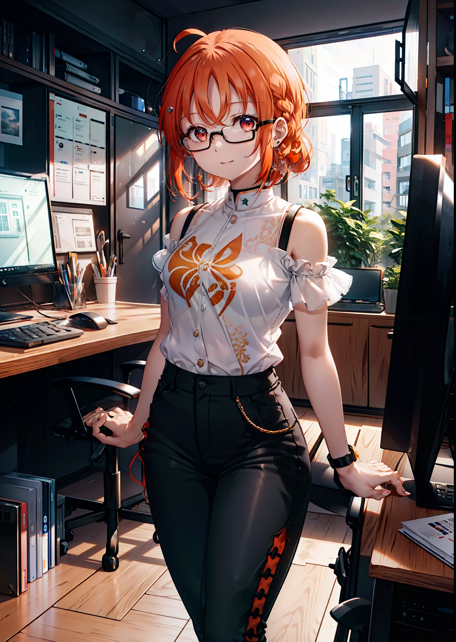 Takahai Chige,Orange Hair,Red eyes,smile,Long Hair,Ahoge,Cold Shoulder Shirt,Short sleeve,skinny pants,Stiletto heels,Black-rimmed glasses,interior,There is a computer on the table,Walking,whole bodyがイラストに入るように,Daytime,Clear skies,　　　　 　　　　　　　　　　　　break indoors, office, 　　　　　　　　　　　break looking at viewer, whole body, (Cowboy Shot:1. 5)　　　　　　　　　　　　　　　　　　break (masterpiece:1.2), Highest quality, High resolution, unity 8k wallpaper, (shape:0.8), (Beautiful attention to detail:1.6), Highly detailed face, Perfect lighting, Extremely detailed CG, (Perfect hands, Perfect Anatomy),