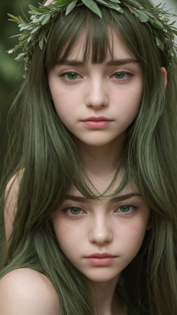a girl. Europe. Extremely detailed face. Oval face. delicate facial features. half-closed eyes. long straight hair. messy hair. bangs. green hair. green eyes. wreath on head. afraid. Sad. shy. straight face