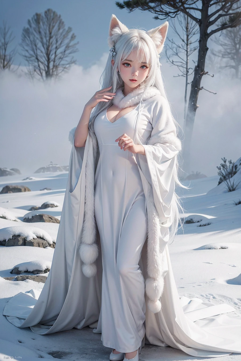 The lower half of the picture is covered by white mist,Canon camera portrait photography,135mm,Aperture 1.4,超写实真人后期特效成片Thick white fog in the foreground中浮现一个金瞳白发狐耳美少女,Wearing a light white fox fur dress,A large part of the fur dress was torn from the bottom into 9 fox tails,There is a lot of white fog under the characters' feet,Overall dense fog atmosphere,A large part of the character and the tail are shrouded in white fog and are barely visible.,Thick white fog in the foreground,Blur the foreground