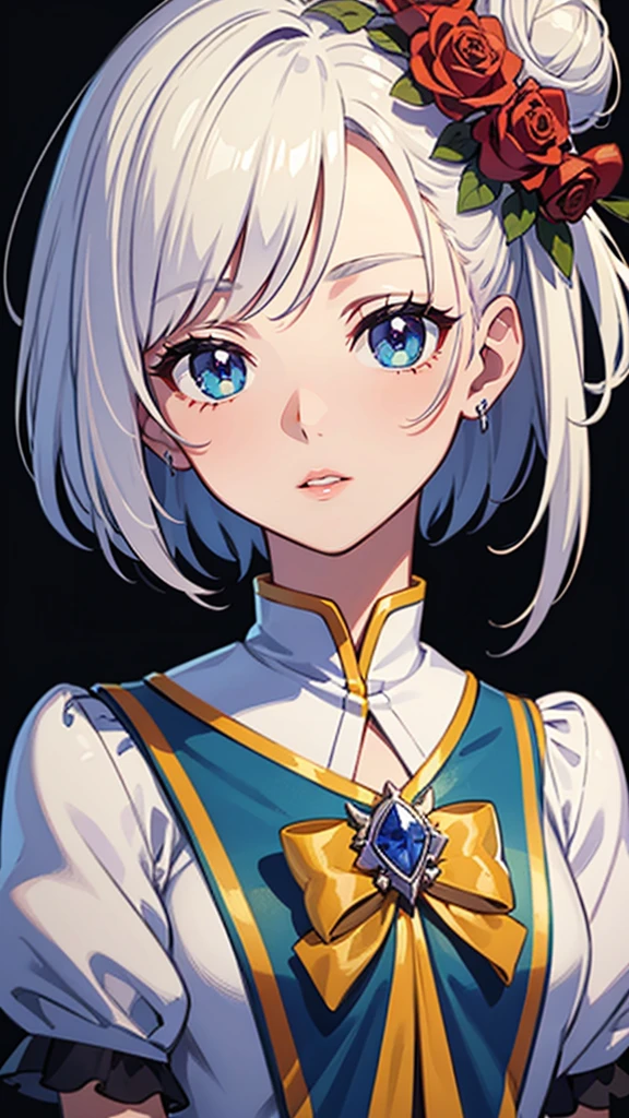 beautiful detailed eyes,beautiful detailed lips,extremely detailed eyes and face,longeyelashes,white hair,blue eyes,short hair in bun with flowers,magical girl dress,extremely detailed clothes, flowers,lilies,roses,,little, little waist,no bust,blushing cheeks,4k wallpaper,high quality render,super detailed render,2D,super detailed,high quality,4k,HD,high quality hair