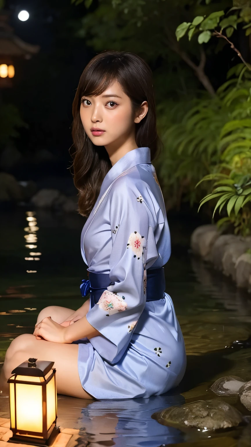 Beautiful woman watching fireflies by a stream at night,Nahida_Genshin Impact, Cross-eyes Yukata Yukata