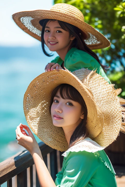 Highest quality,4K,Cowboy Shot:1.5,(Beautiful woman、Straw hat,Cute eyes:1.5),A shortcake is placed on top of the soft serve ice cream.、A girl holding a large soft serve ice cream、port、Eat soft serve ice cream while gazing at the sea、(Emerald Green Sea,Sun reflection,The water surface is sparkling:1.5,)Very beautiful scenery,Seagulls are flying,Cute girl、