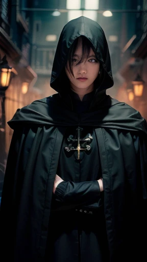 (8K, RAW photo, 最high quality, masterpiece:1.2), High-definition RAW color photo, Professional photo shoot, cinematic light, RPG design, dark fantasy graphics, Humanoid warrior, 高レベルpriest, ((long dark cloak)), (((ハイpriest))), priest, man in robes, ((Black Legal Uniform:1.5)), magic light, dark magic, Magician, embodiment of dark power, A man who once served God, fantasy art, ((Underground dungeon background, stone dungeon)), dim lighting, film grain, background bokeh, high quality, surreal, ((very detailed, photo shoot)),