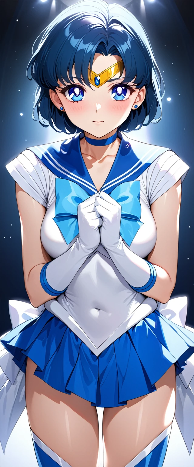 (Perfect Anatomy)、Mastepiece、Ultra High Quality、 8k、masterpiece、Highest quality、Ultra-high resolution、Maximum resolution、Very detailed、Professional Lighting、anime、woman、thin、Very beautiful face、Very beautiful eyes、(Highly detailed eye)、Highly detailed face、Sailor Mercury、tiara、Sailor Warrior Uniform、Blue Skirt、Blue sailor collar、Knee Boots、choker、White gloves、blue choker、jewelry、Earrings、Pleated skirt, gloves