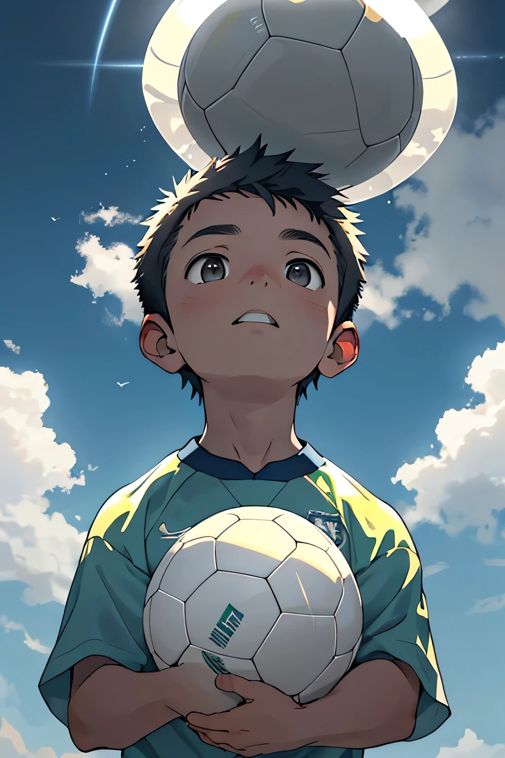 Draw a soccer boy looking up at the sky kissing a ball, This  looks confidently as if searching for a deceased loved one., with the appearance of promising him that he would go very far in football. The sky is very cloudy and stormy but right where the  is looking., passes through a very strong halo of light which seems to represent hope. The child&#39;s environment is an empty and untidy soccer stadium., like abandoned and it rains a lot.