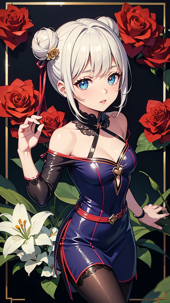 beautiful detailed eyes,beautiful detailed lips,extremely detailed eyes and face,longeyelashes,white hair,blue eyes,short hair in bun with flowers,magical girl dress,extremely detailed clothes, flowers,lilies,roses,,little, little waist,no bust,blushing cheeks,4k wallpaper,high quality render,super detailed render,2D,super detailed,high quality,4k,HD,high quality hair, full body