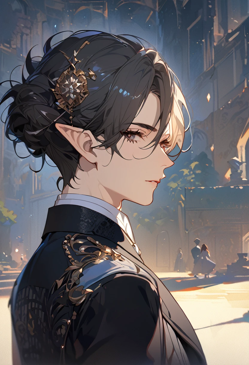 masterpiece, best quality, 8k ,4k , 1 male, elf, long ears elf, dark grayish hair, dark greenish eyes, hair ornament, finely detailed eyes and detailed face, looking at viewer, from side, meticulous clothes, formal clothes, combination of white and black coat, half cape by the shoulders, patterned clothes, majestic looks, sharp looks, shadows, inspired by Asukaziye artist : ask, art style : ask