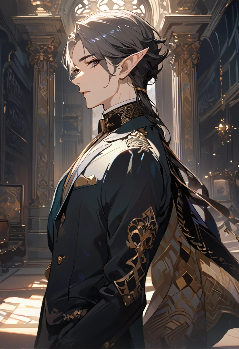 masterpiece, best quality, 8k ,4k , 1 male, elf, long ears elf, dark grayish hair, dark greenish eyes, hair ornament, finely detailed eyes and detailed face, looking at viewer, from side, meticulous clothes, formal clothes, combination of white and black coat, half cape by the shoulders, patterned clothes, majestic looks, sharp looks, shadows, inspired by Asukaziye artist : ask, art style : ask