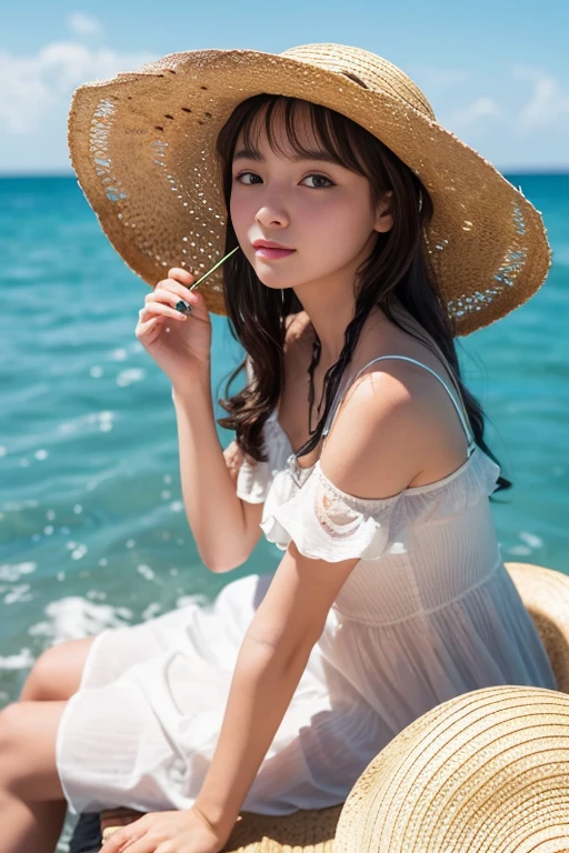 Highest quality,4K,Cowboy Shot:1.5,(Beautiful woman、Straw hat,Cute eyes:1.5),A shortcake is placed on top of the soft serve ice cream.、A girl holding a large soft serve ice cream、port、Eat soft serve ice cream while gazing at the sea、(Emerald Green Sea,Sun reflection,The water surface is sparkling:1.5,)Very beautiful scenery,Seagulls are flying,Cute girl、