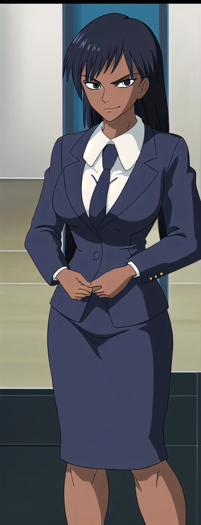 Evil light black skinned business woman in a skirt suit