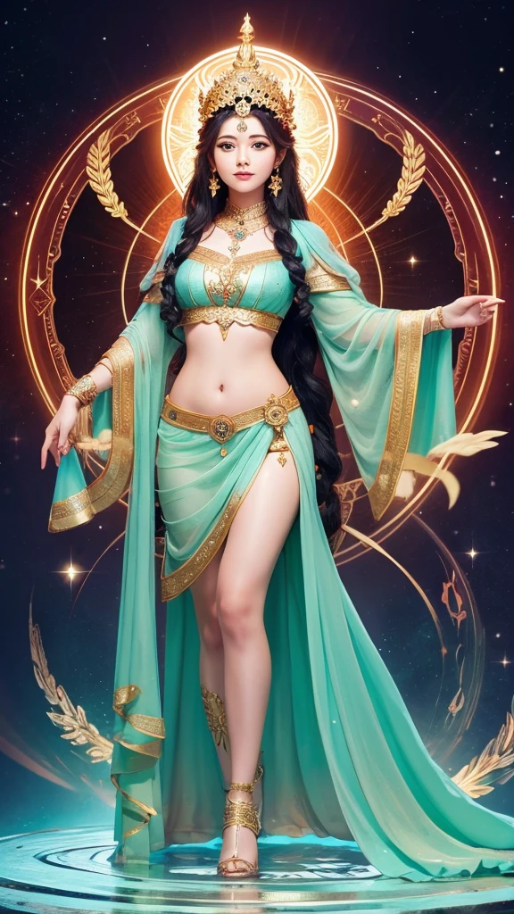 An illustrated goddess facing forward