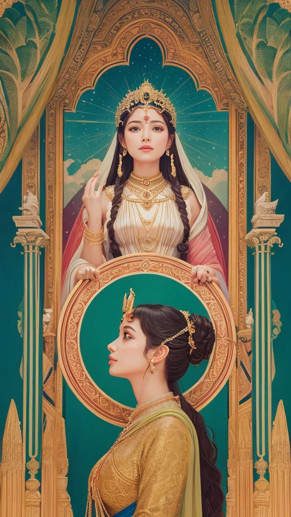 An illustrated goddess facing forward